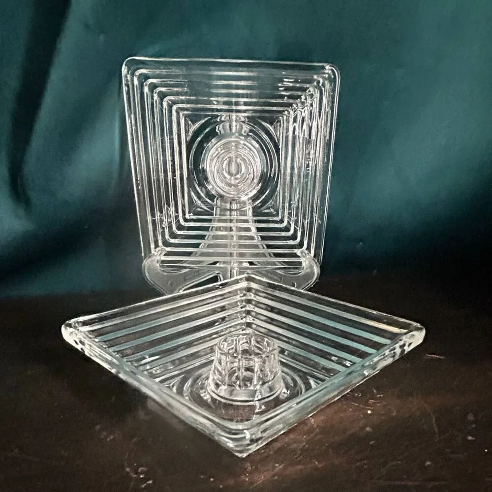 2 Vintage Art Deco Anchor Hocking Clear Manhattan Square Candleholder